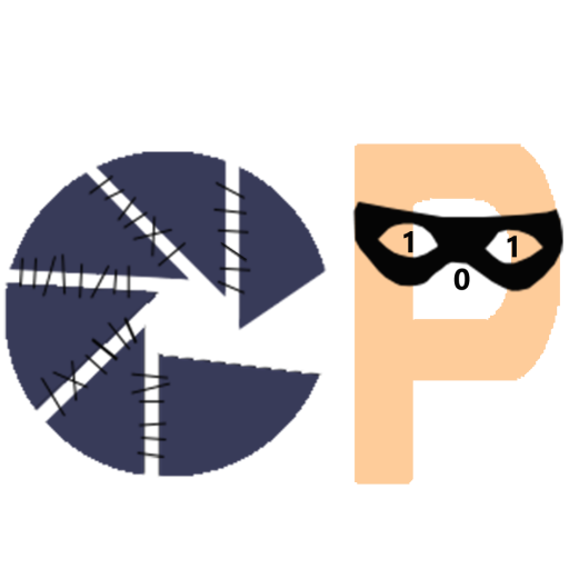Website logo, a stitched together "C" and a "P" wearing a mask.